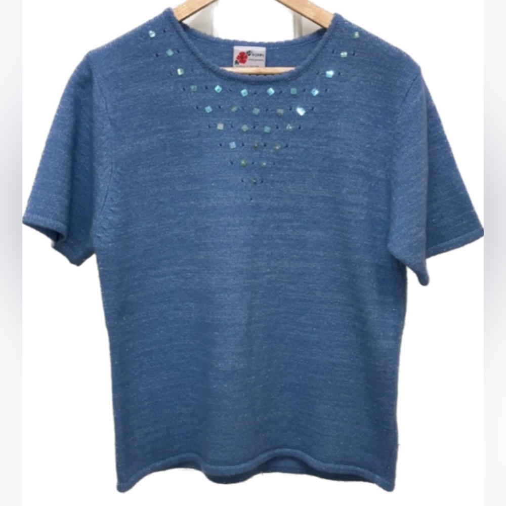 Vintage wool short sleeve sweater, angora/lambswool, scoop neck, sequins, blue